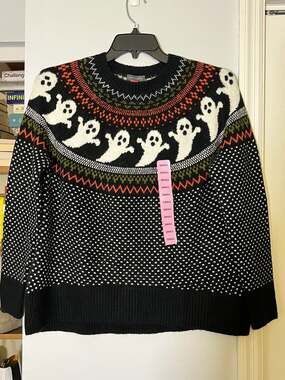 Vince Camuto Women's Halloween Ghost Pattern Fair Isle Pullover Sweater